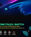 Close-up of one-touch switch on Wireless Charging RGB Gaming Mouse Pad 15W With 10 Light Modes and charging indicators visible.