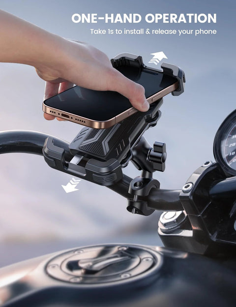 Rugged Motorcycle Phone Mount With Dual Vibration Dampener And Metal Adjustment Arm installed on handlebar holding smartphone