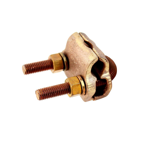 Bronze Ground Clamp Connector With Half Inch U-Bolt For Rod Or Pipe, Silicon Bronze Fasteners, Full-Thread U-Bolt, Close-Up View