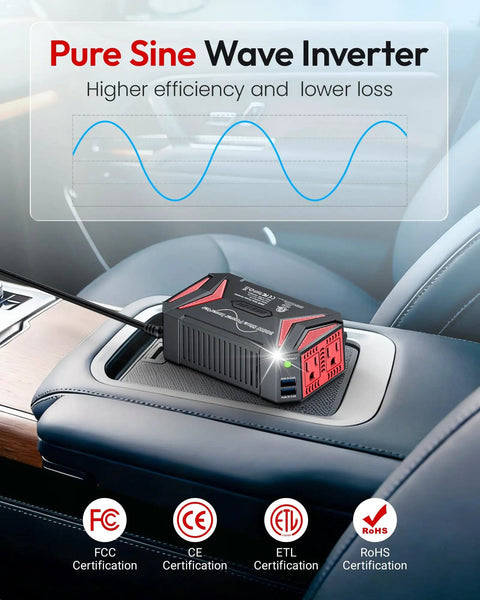 Pure Sine Wave Power Inverter 300W Car Charger Plug In Outlet 12V To 110V AC with USB Ports shown in a car interior