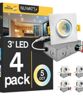 3 Inch Gimbal Square Canless LED Recessed Light Kit With 5 Color Temp Options 2700K To 5000K IC Rated Airtight 600 Lumen Dimmable Adjustable Lens For New Construction 120V 4 Pack box and lights