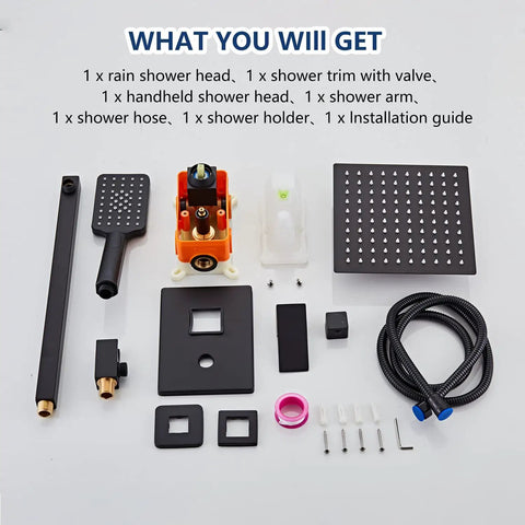 8 Inch High Pressure Rain Shower System With Tub Spout And Black Square Shower Head And 2 Setting Handheld Faucets Wall Mounted Valve Kit For A Dope Modern Bathroom components layout
