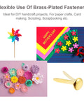 Craft projects with 300 Pieces Three Quarters Inch Paper Fasteners Small Round Metal Brads With Hole Punch Included For Scrapbooking Crafts And DIY Gold Tone Rustproof Brass Plated Finish For Smooth Use And Great Looking Projects.