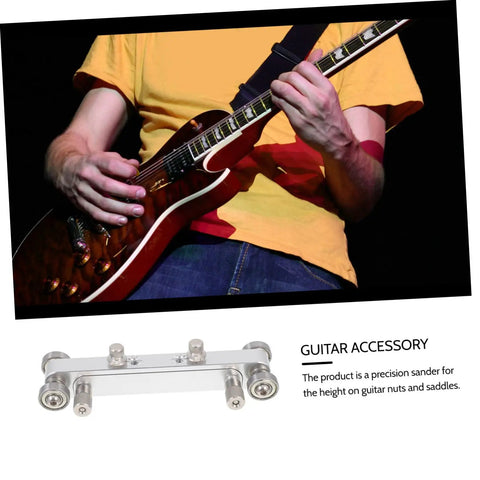Pro Grade Guitar Nut And Saddle Sander Tool For Luthiers Easy Setup displayed with electric guitar and musician