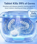 Ultrasonic Retainer Cleaner Machine With 3 Retainer Cleaning Tablets dissolving in water, highlighting germ-killing action