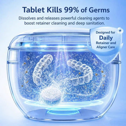 Ultrasonic Retainer Cleaner Machine With 3 Retainer Cleaning Tablets dissolving in water, highlighting germ-killing action