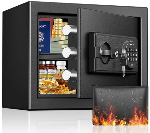 Open compact fireproof safe box for home with digital keypad and key lock showing cash, documents, jewelry inside, water and fireproof, anti-theft.