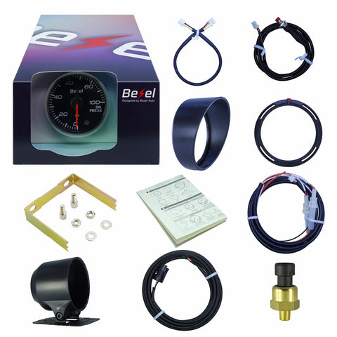 Bezel 52mm oil pressure gauge kit, black bezel, includes 1/8BSPT sensor, wiring, mounting ring, screws, manual