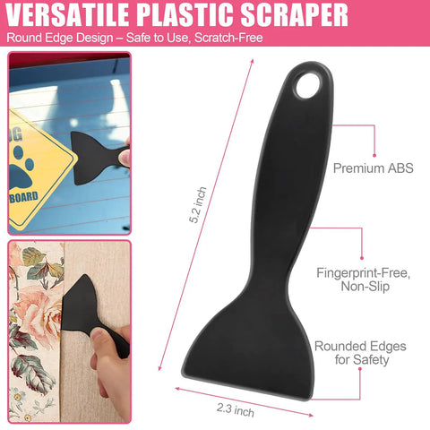 4 Pack Razor Blade Scraper Kit With 50 Blades, 20 Metal And 30 Plastic, Double Edged Handles, Long Handle Scrapers For Tackling Paint, Glue, Vinyl, Glass, Wallpaper Removal And Heavy Duty Scraping. Black plastic scraper, 5.2 inch, rounded edge
