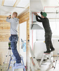 Two workers using Self Leveling Laser Level With 360 Degree Horizontal Cross Line And Two Plumb Dots Up And Down Points Wide Vertical Beam Magnetic Pivoting Base Pro Grade 621CR for ceiling layouts.