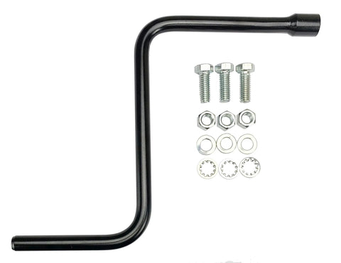 Black L-shaped crank handle with mounting hardware (bolts, nuts, washers) for A-frame trailer tongue jack installation