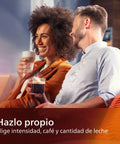 Ready To Brew Renewed Fully Automatic Espresso Machine With Button Touch Controls And Quick Rinse Lattego Tray For Pouring Sweet Cappuccinos and Creamy Lattes Every Morning used by a woman and man enjoying coffee.