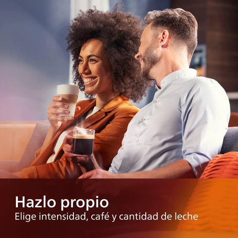 Ready To Brew Renewed Fully Automatic Espresso Machine With Button Touch Controls And Quick Rinse Lattego Tray For Pouring Sweet Cappuccinos and Creamy Lattes Every Morning used by a woman and man enjoying coffee.