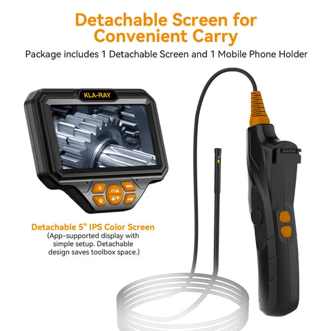 Articulating Borescope With Dual Lens, 5 Inch IPS Screen, 8 LED Lights, IP67 Waterproof Inspection Camera with detachable screen.