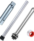All In One RV Water Heater Maintenance Kit With 4 Piece Anode Rod Electric Heater Element Dual Hex Wrench And Tape Replacement Kit For Suburban RV Parts Road Trip Ready Hot Water Upgrade With No Fuss, showing metal components and Teflon tape.