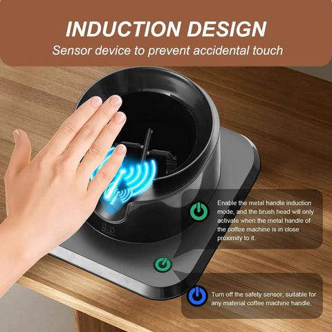 Heavy Duty Automatic Electric Knock Box For Espresso With Big Capacity Shock Absorbent Build showing induction design and sensor usage.