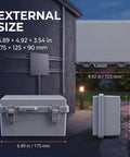 Rugged IP67 Outdoor Electrical Junction Box ABS Weatherproof Enclosure, size details 175x125x90 mm, grey color for outdoor use.