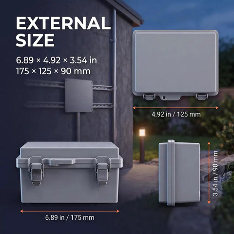 Rugged IP67 Outdoor Electrical Junction Box ABS Weatherproof Enclosure, size details 175x125x90 mm, grey color for outdoor use.