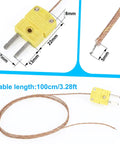 High Accuracy Type K Thermocouple Probes 3 Pack, 1 Meter Long, Fast 0.5 Second Response close-up showing yellow connectors and cable dimensions.