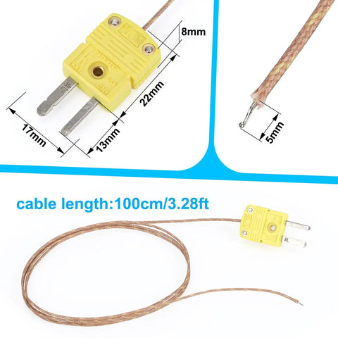High Accuracy Type K Thermocouple Probes 3 Pack, 1 Meter Long, Fast 0.5 Second Response close-up showing yellow connectors and cable dimensions.