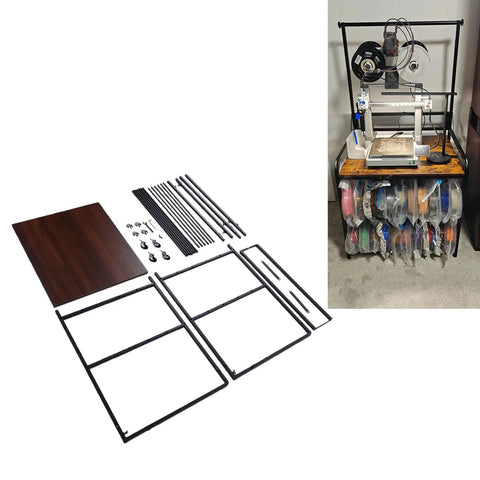 Tough As Nails 3D Printer Workbench Cart With Solid Wood Top And Steel Frame, components laid out for assembly.