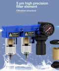 One Quarter Inch NPT Compressed Air Dryer And Air Pressure Regulator Filter Combo with Two 5 Micron Cartridges, blue unit