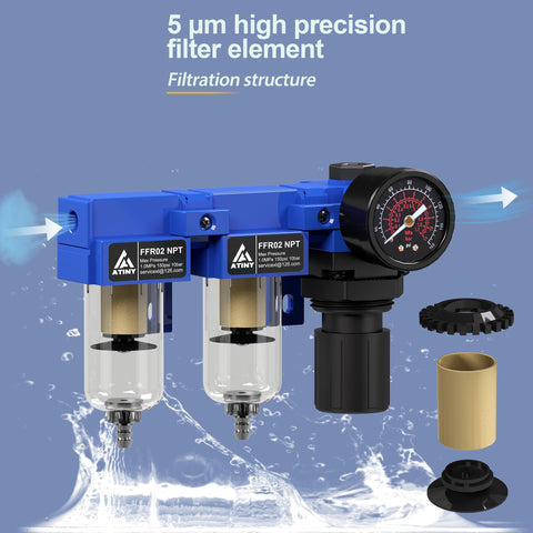 One Quarter Inch NPT Compressed Air Dryer And Air Pressure Regulator Filter Combo with Two 5 Micron Cartridges, blue unit