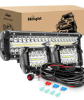 Led Light Bar Set 12 Inch 300W Triple Row Spot Flood Combo Work Driving Lamp for Off Road, ATV, Boat Lighting with 2x 4 Inch 60W Pods and Wiring Harness