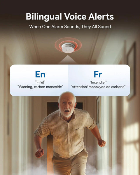Combo Smoke And Carbon Monoxide Alarm With Ten Year Battery Dual Sensor Smoke Detector With Bilingual Voice Alerts Reduced Nuisance Alarms For Home Safety Four Pack on ceiling