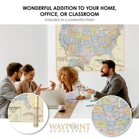 Boardroom Series USA Wall Map Dope Antique Style Laminated Poster in office setting with group discussing, map visible on wall