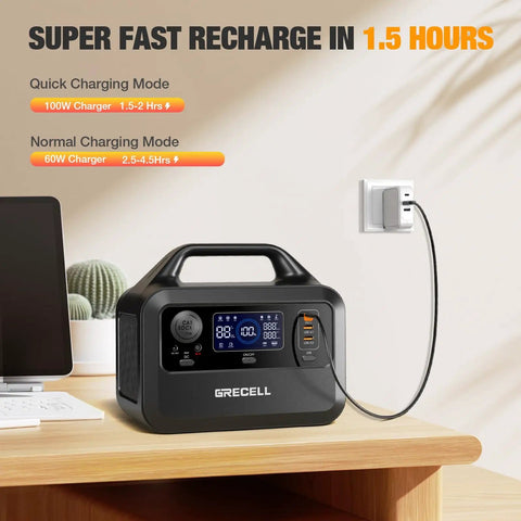 Solar Generator On The Go With 40W Panel Included 230Wh Portable Power Station For Fast Charge In About 1.5 Hours 600W Surge LiFePO4 Battery Backup For Outdoor Camping Trips And Power Outages on wooden table charging
