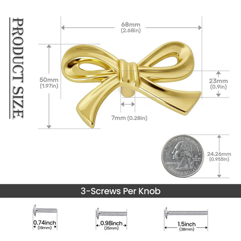 Diagram of Brushed Gold Bow Dresser Knobs 4 Pack Large Decorative Cabinet Drawer Pulls for Girls Bedroom and Nursery Decor Two Size Options 2.76 by 1.57 Inches or 1.6 by 0.8 Inches Includes 3 Screw Lengths and Washers, showing size dimensions and screws next to a coin