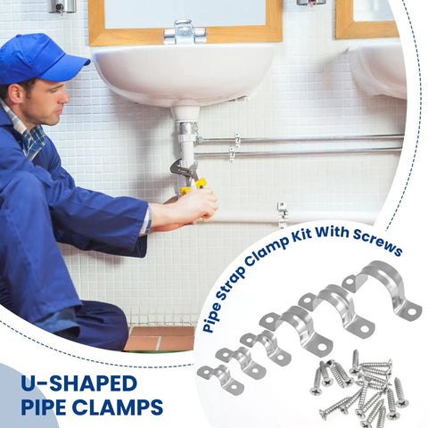 Plumber using Rugged Pipe Strap Clamp Kit 60 Pcs With Screws 304 Stainless Two Hole U Brackets on bathroom pipes