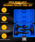 3-piece rear axle bearing puller set in blue case with three black pullers, front view