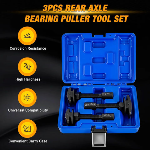 3-piece rear axle bearing puller set in blue case with three black pullers, front view