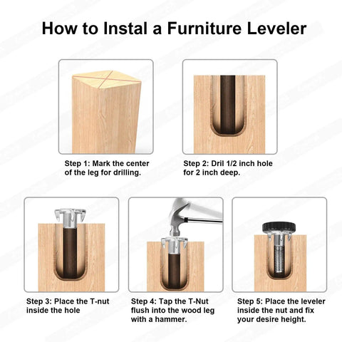 No Fuss Wobble Free Furniture Leveling Feet 1/4-20 Threaded, 12 Pack With T Nuts For Tables Chairs Cabinets Bar Stools Beds Patio Furniture, 1 Inch Tall, Heavy Duty, Easy Adjustment