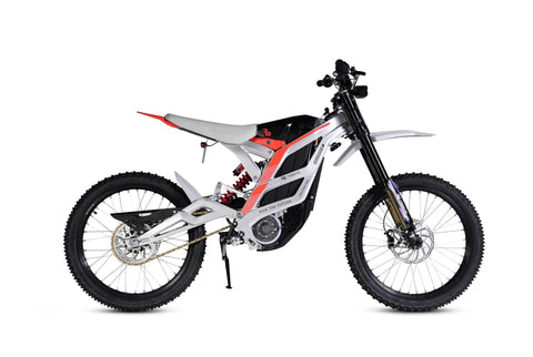Adult Electric Dirt Bike Built To Shred With Raw Torque And 53 MPH Top Speed, profile view showing beefy chassis and knobby offroad tires.