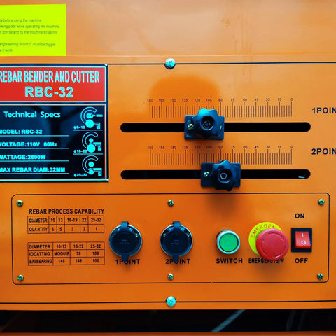 Control panel of Jobsite Ready Heavy Duty Electric Rebar Bender And Cutter Combo 110V Foot Switch Rig with technical specs.