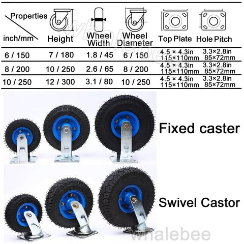 Heavy Duty Pneumatic Caster Wheels With Built Tough Steel Plates And Shock Absorbing Rubber Tires Six Eight Ten Inch Sizes For Smooth Rollin Swivel And Fixed DIY Cart Replacement Set
