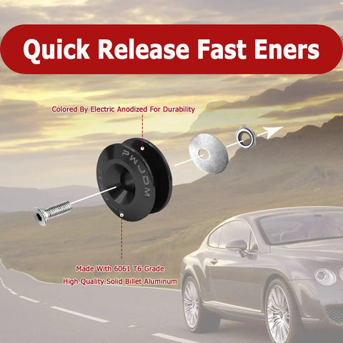 Billet Quick Release Bumper Trunk Fastener Kit with 6061-T6 aluminum, black, easy install for front and rear bumpers, car clips.