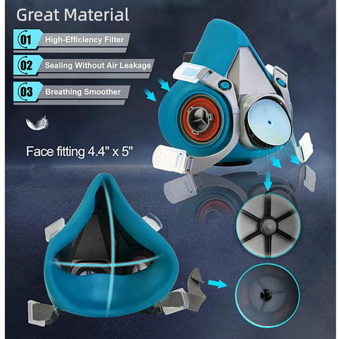 Blue Reusable Half Face Mask For Painting, Polishing, Spraying, Sanding And Welding Soft Silicone Comfort Fit illustration