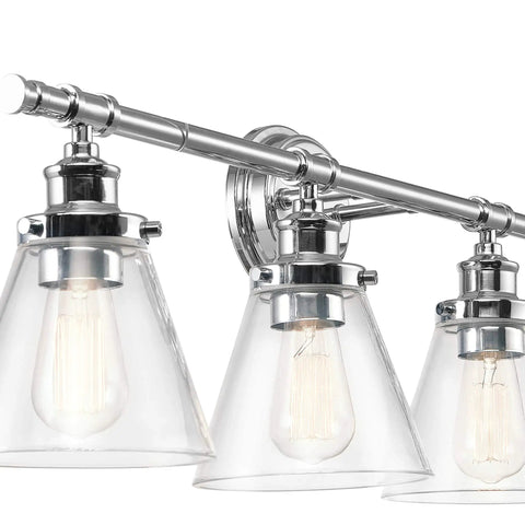 Close-up of Dope Vintage Modern Chrome Vanity Light Fixture with four clear glass shades, showing chrome finish and E26 bulb holders.