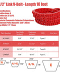Power Twist Adjustable V Belt 1/2 Inch Wide, 10 Feet Long, red polyurethane and polyester with specifications chart