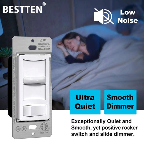 Ultra Slim Dimmable Light Switch Six Pack For LED CFL Halogen And Incandescent Bulbs Single Pole Or 3 Way ETL Listed White next to sleeping woman