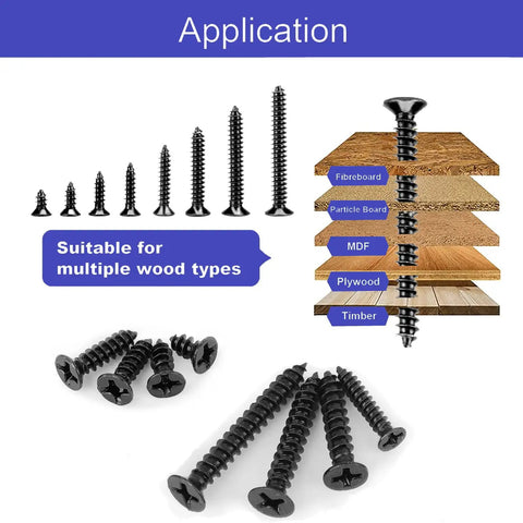 Wood Screws Kit 300 Pcs Six Sizes Flat Head Phillips Drive Self Tapping Coarse Thread Screws for Woodworking with wood types diagram
