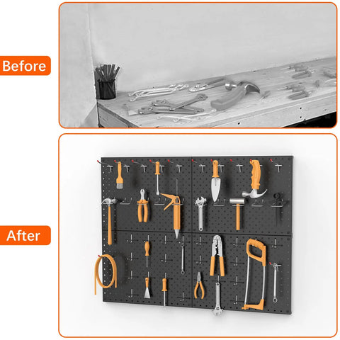 Before and after installation of Four Piece Twelve By Sixteen Inch Metal Pegboard Panels for garage organization.