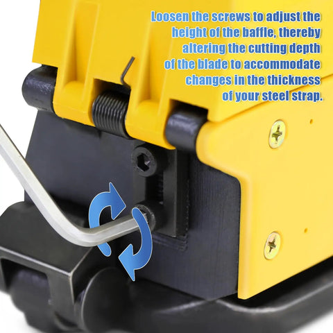 Close-up of Heavy Duty Manual Steel Strapping Tool Adjustable Hand Tensioner Crimper And Cutter showing adjustment mechanism for cutting blade.
