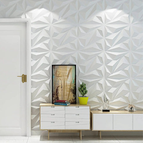 Diamond 3D PVC Wall Panels White, Easy DIY Accent Wall Decor, 19.7 Inch Square Tiles, Textured Diamond Pattern in modern living room