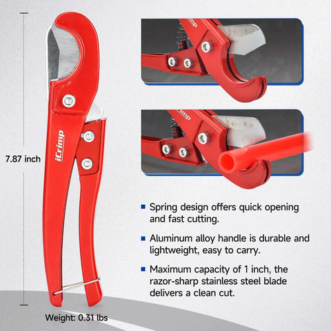 ProPEX Expansion Tool Kit With Pipe Cutter For ProPEX Fittings 3/8 To 1 Inch, features red pipe cutter with stainless steel blade.