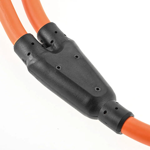 Close-up of NEMA 14-30P to 14-30R and 14-50R splitter cord junction, 30 Amp dual outlet adapter for EV chargers, dryer, and RV